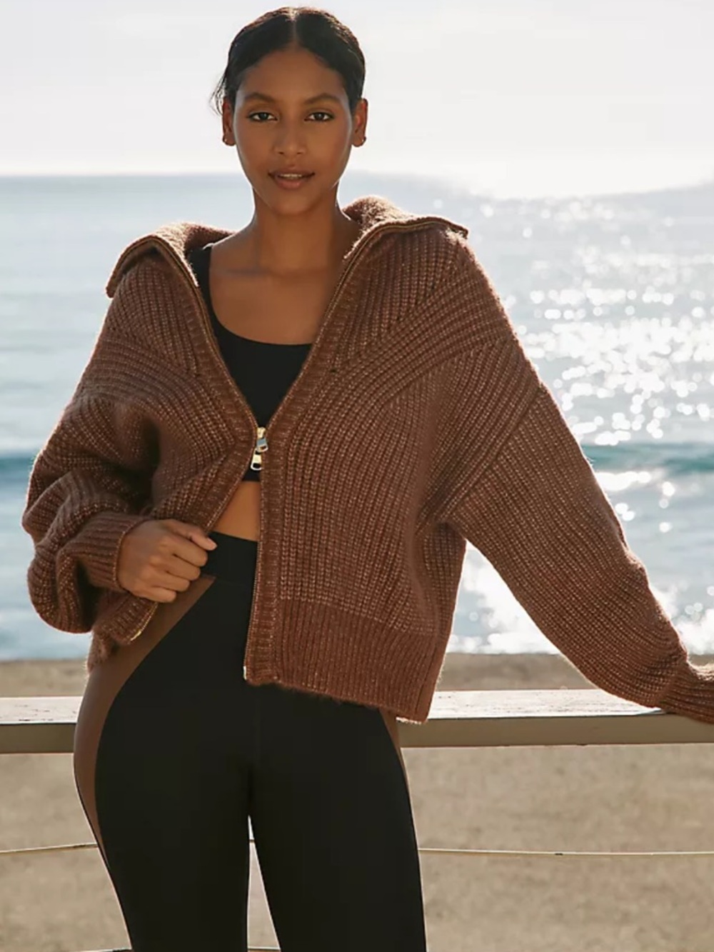 Varley Putney Knit Jacket Sweater Double Zip Brown Soft Quiet Luxury Neutral